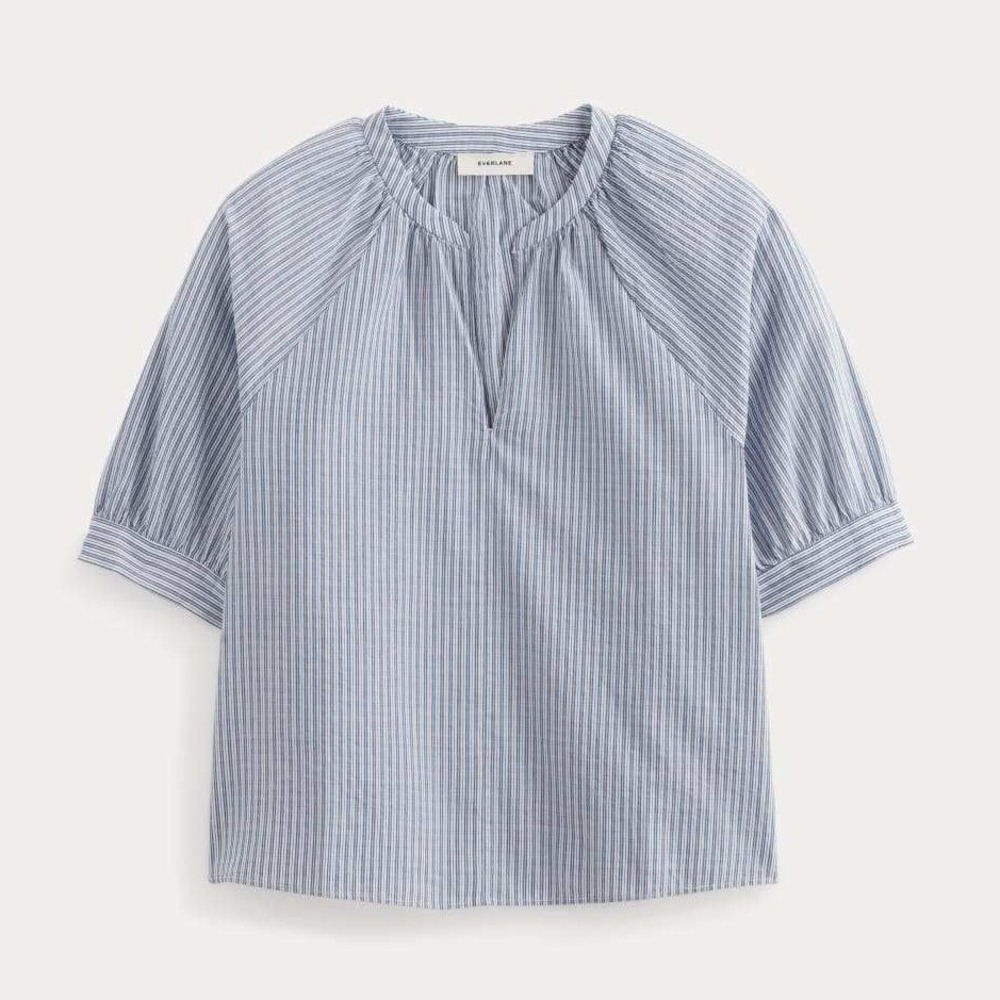 Everlane Blue & White Striped Short-Sleeve Peasant Blouse